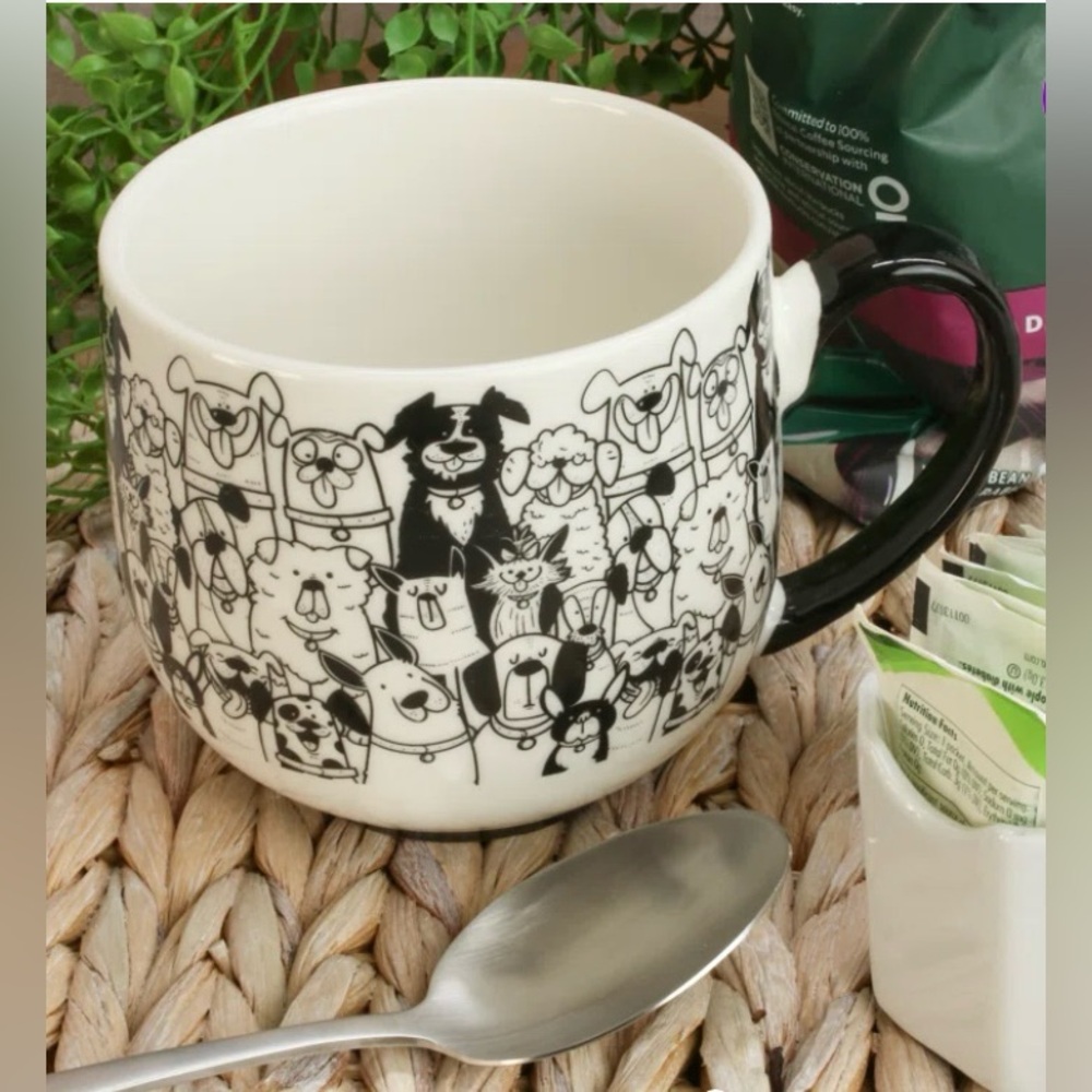 NWT Paws Cafe Dog Puppy Mug Cup Black White Chic Playful Coffee Tea Hot Cocoa - Picture 1 of 11